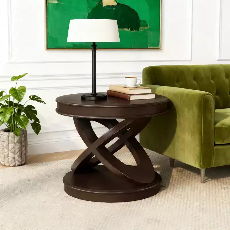 Retro Wood Round End Table with X-shape Base for Dining or Living Room, Espresso