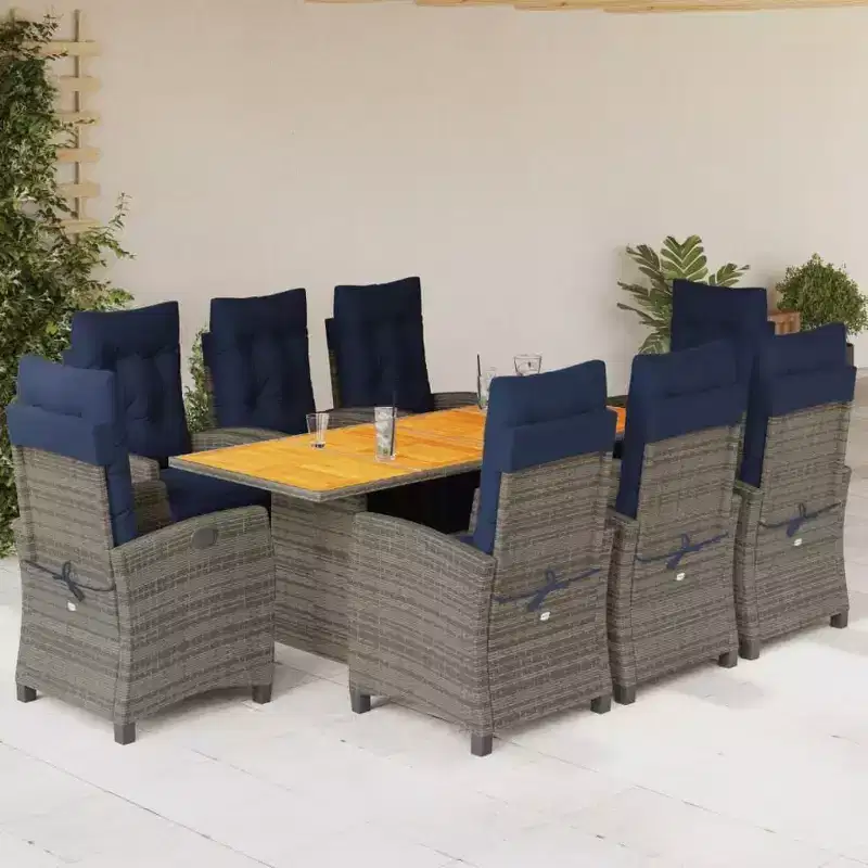 vidaXL 9 Piece Patio Dining Set with Cushions Gray Poly Rattan