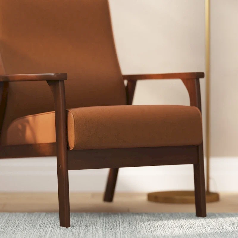 Mid-Century Modern Armchair with Wooden Frame and Faux Leather Cushions