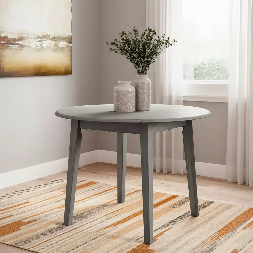 Drop Leaf Round Dining Table, Gray, Seats up to 4
