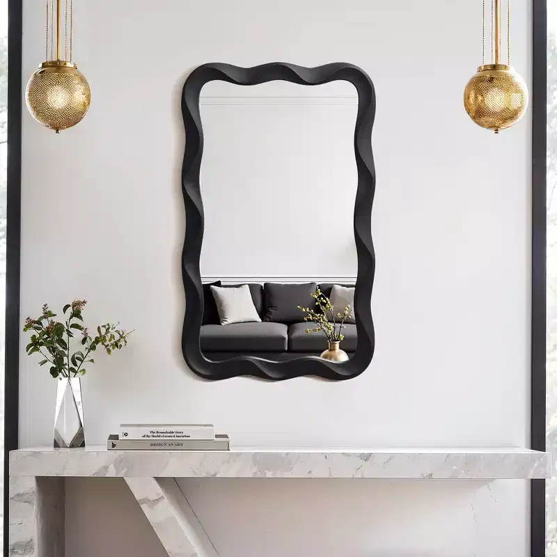 LuxenHome Modern Black MDF Wood Wavy Rectangle Wall Mirror, 35.4 H x 21.65 W Home Decor