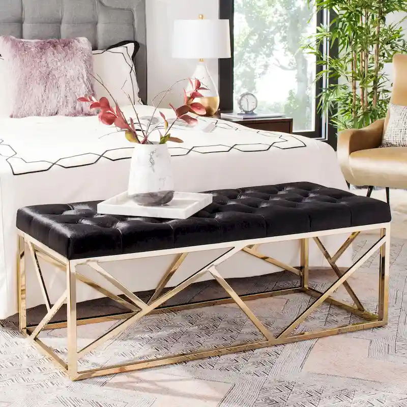 Tufted Velvet Rectangular Bench with Gold Geometric Base – Black, 2-Person Seating