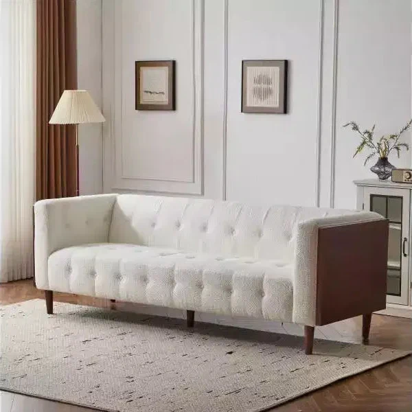 3-Seater Sofa – Beige Boucle Fabric with Tufted Detail