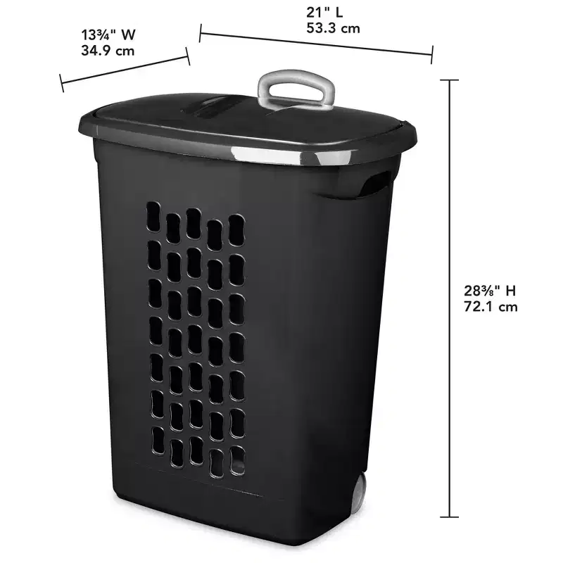 Sterilite Ultra Laundry Hamper, Wheeled Plastic Clothes Bin with Retractable Secure Grip Handle, Reinforced Rim, and Flip-Top Lid, Black, 18 Pack