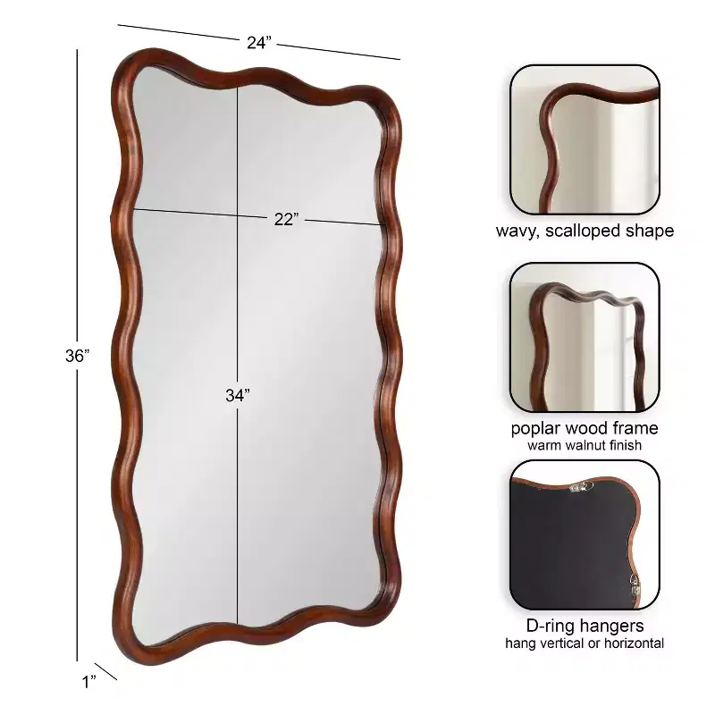 Scalloped Rectangle Wall Mirror, Walnut Brown, 24x36