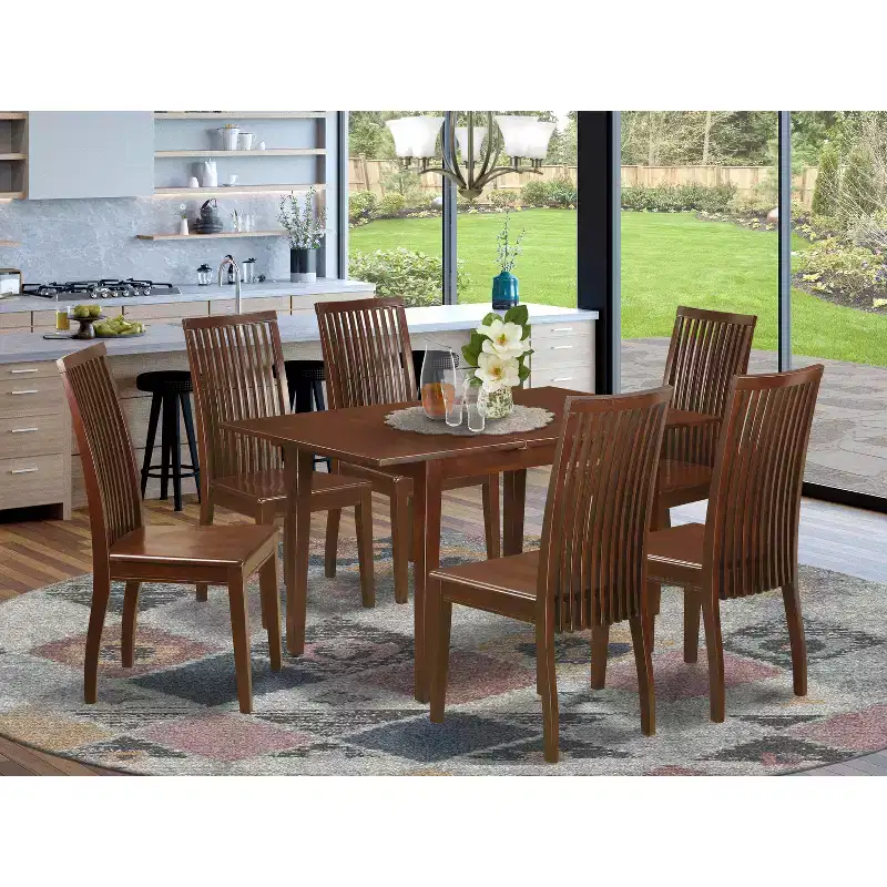 HomeStock 7-Piece Mahogany Finish Solid Wood Top Dining Table with 6 Chairs