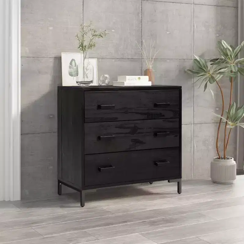 3-Drawer Solid Pine Wood Chest of Drawers, Black, Vintage Style