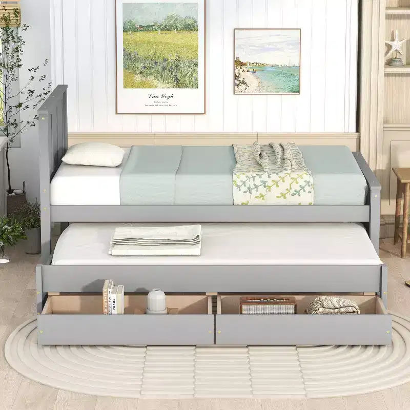 Whisen Wood Twin Size Platform Bed with Trundle and Drawers