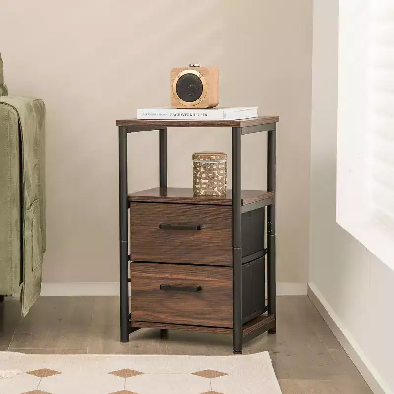 Nightstand Bedside End Table with 2 Fabric Drawers and Storage Shelf
