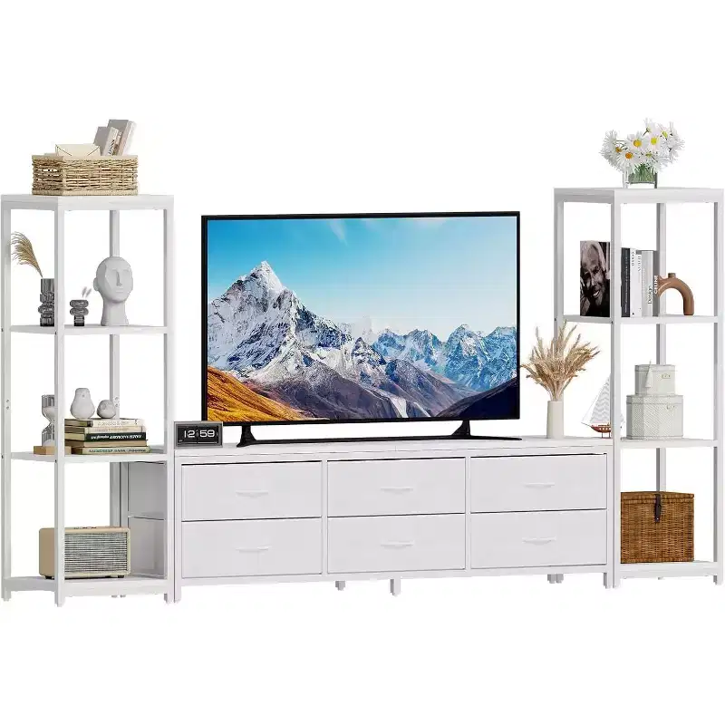 Modern TV Stand Dresser with 6 Fabric Drawers & 2 Industrial 4-Tier Shelves - Large Entertainment Center Console for Living Room.
