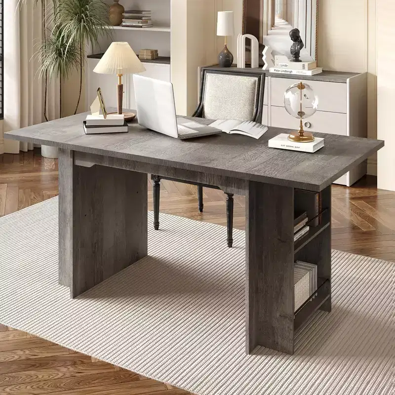 63 Inch Dining Table with 4 Storage Shelves, Seats 4-6, Wooden Kitchen Table with Large Tabletop for Living Room, Easy Assembly