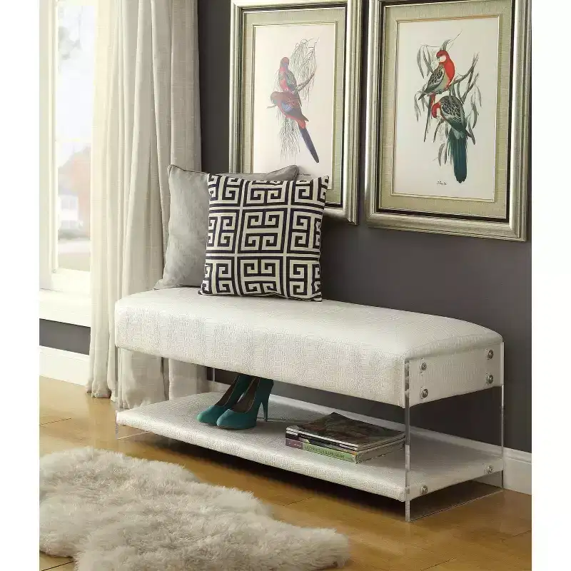 PU Leather Bench with Acrylic Legs & Bottom Shelf – Croc Embossed, Multi-Use
