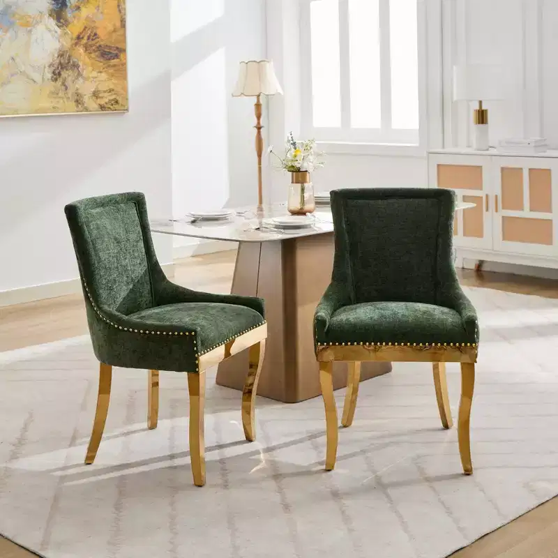 Okak Modern Chenille Dining Chairs Set of 2, Comfy Fabric Chairs with Thick Upholstered, Accent Chairs with Gold - Plated Legs Rivet Trim
