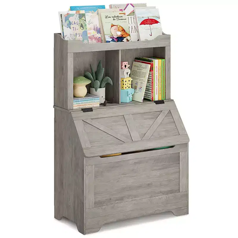 Kids Toy Storage Organizer, Kids Bookshelf and Toy Storage with Flip-Top Lid and Cubby, Wood Kids Bookcases for Playroom, Children's Room, Bedroom