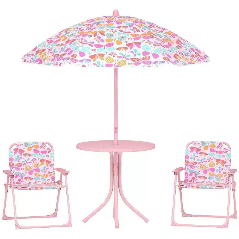 Qaba Kids Picnic Table, Outdoor Table with Foldable Chairs, Removable Umbrella, Buttefly Theme Children Outdoor Furniture, Pink