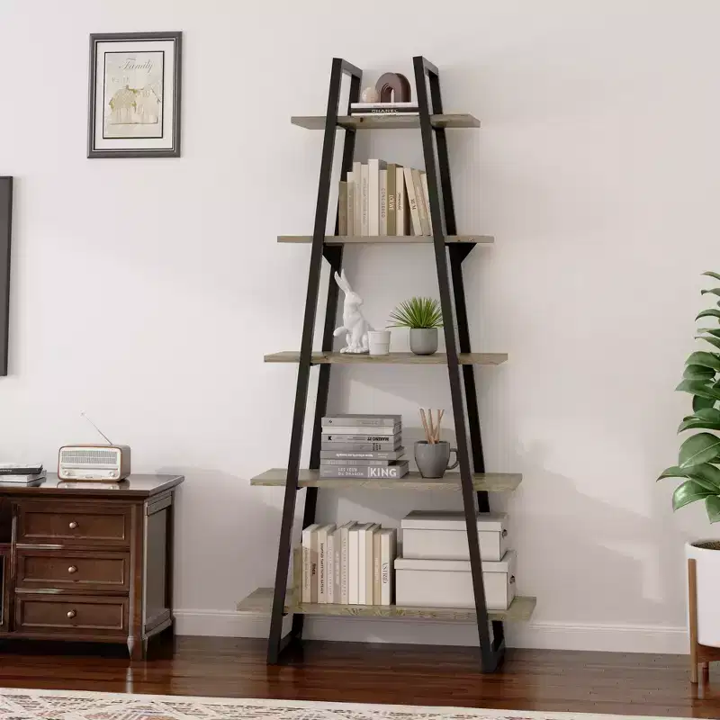 5-Tier A-Shaped Bookshelf, A-Shaped Bookcase Industrial Ladder Shelf Open Display Shelves with Metal Frame, Plant Stand Shelf Living Room, Office