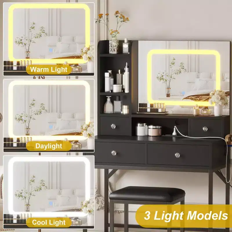 Vanity Desk with Mirror, 3 Adjustable Lighting Mode Makeup Vanity, Modern Dressing Table and Stool with Charging Station