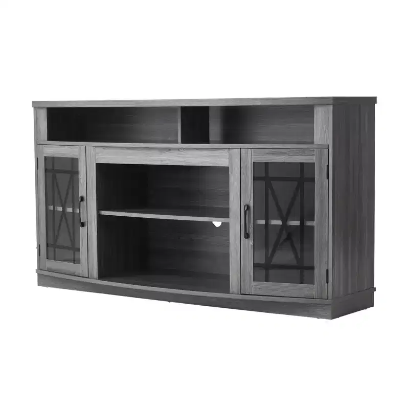 VEVOR TV Stand for TVs up to 65 inch, Farmhouse Entertainment Center with Light Strip, Wooden TV Cabinet Storage with Glass Doors, Gray