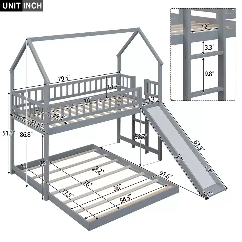 Whisen House Roof Design Twin over Full House Bunk Bed with Slide and Built-in Ladder