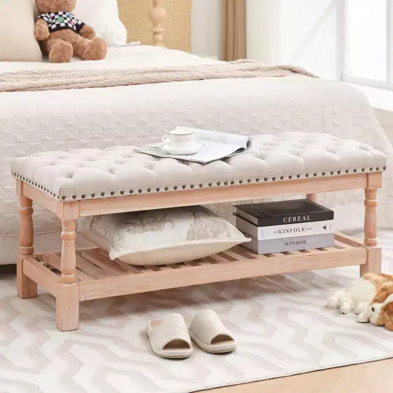44. 3-inch Corduroy Oversized Storage Solid Wood Comfort Bedside Bench for Bedroom, Living Room and Nursing Room