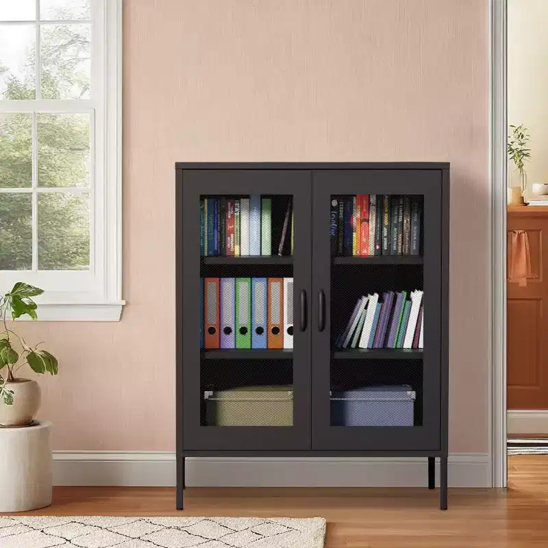 Metal Display Cabinet & Sideboard with 3 Shelves, 2-Door Freestanding Storage Cabinet, 40