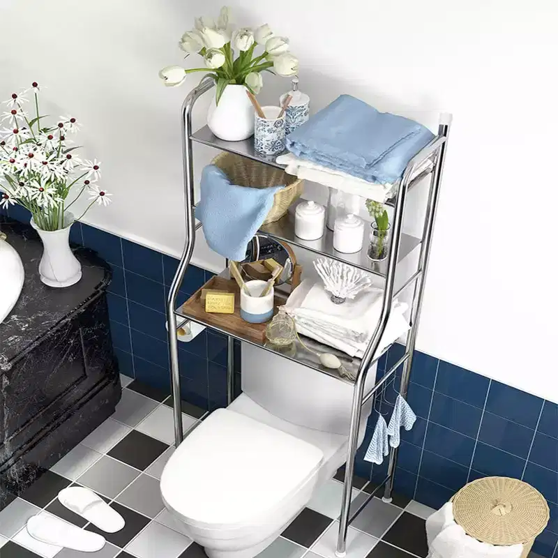 Over The Toilet Storage Cabinet, Metal, Paper Holder & Hooks, No Drill Floor Standing, White