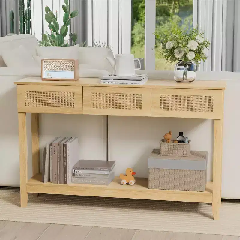 51-Inch Console Table with Drawers and Rattan Storage Shelf