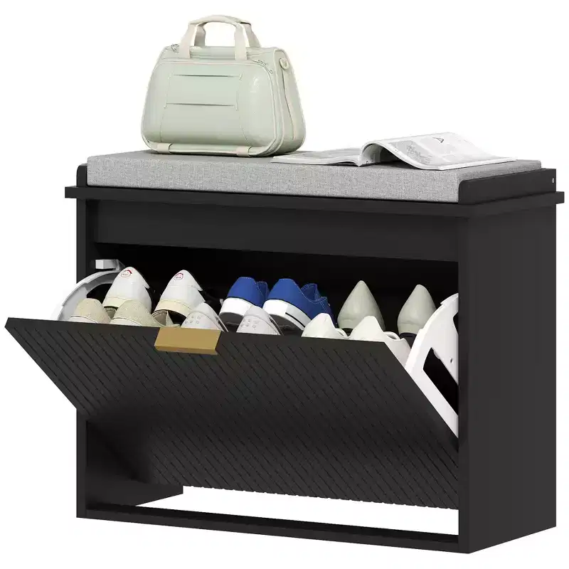 Shoe Storage Bench with Padded Seat Cushion and Flip-Drawer, Entryway Bench, Shoe Cabinet, 24.4x10.2x18.7 Inches