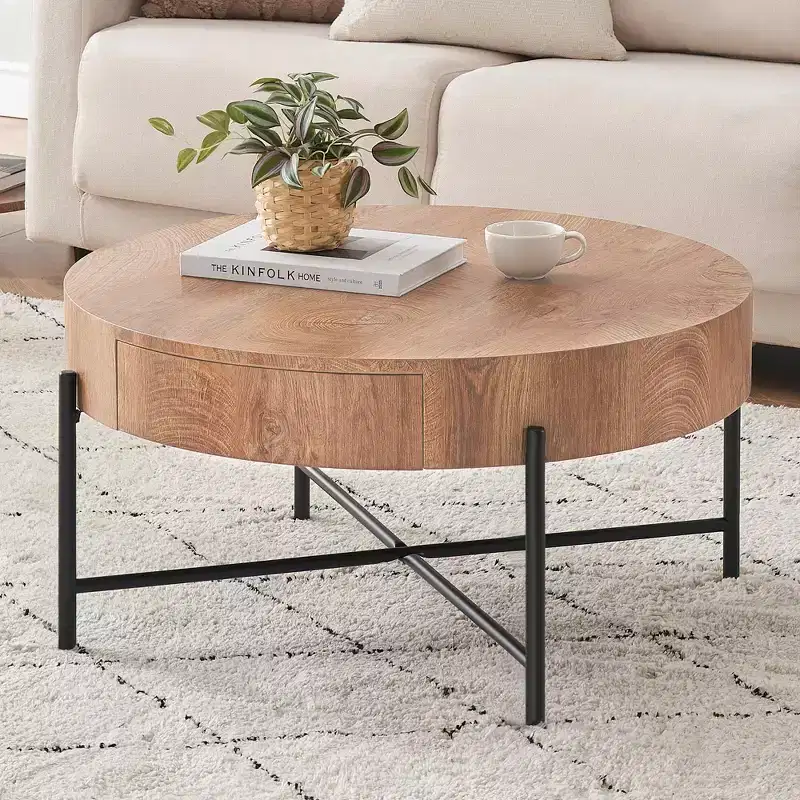 Wood Round Coffee Table with Drawers, 1