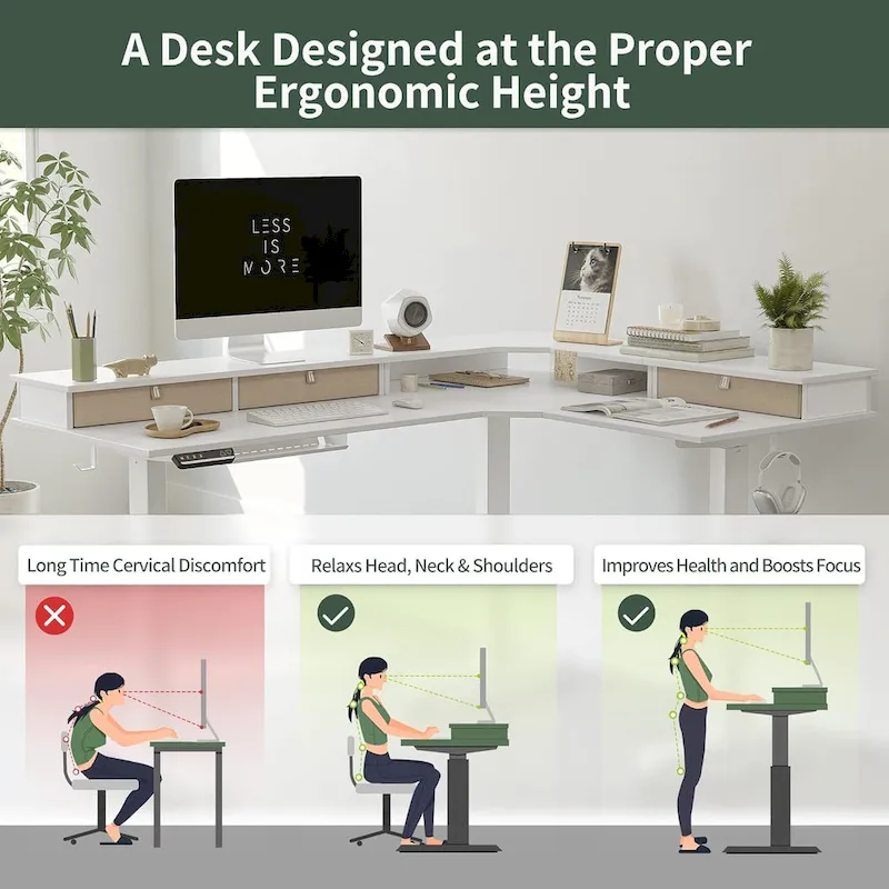 L-Shaped Electric Standing Desk with 3 Drawers & Lockable Casters, 63