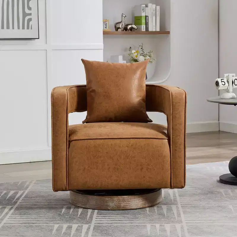 TUYOHW 29.1W Swivel Accent Barrel Chair,Upholstered Lounge Chair with Weathered Rubberwood Base,Faux Leather Club Chair for Living Room,Office