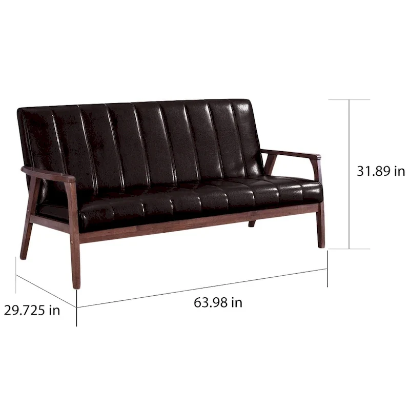 Mid-Century Scandinavian 3-Seater Sofa | Dark Brown Faux Leather | Wooden Frame