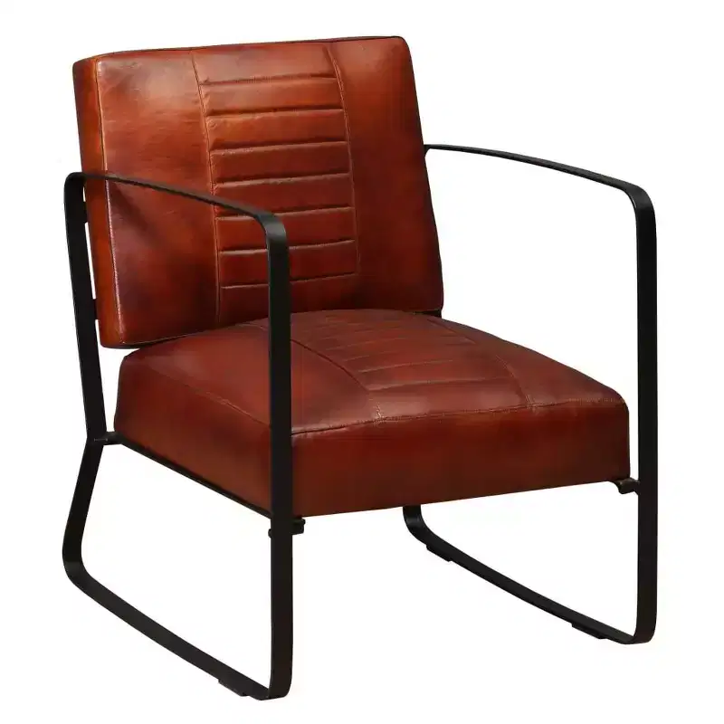 VidaXL Industrial-Style Lounge Chair - Brown Leather Seat, Foam-Padded Comfort, Rugged Design, Sturdy Steel Frame