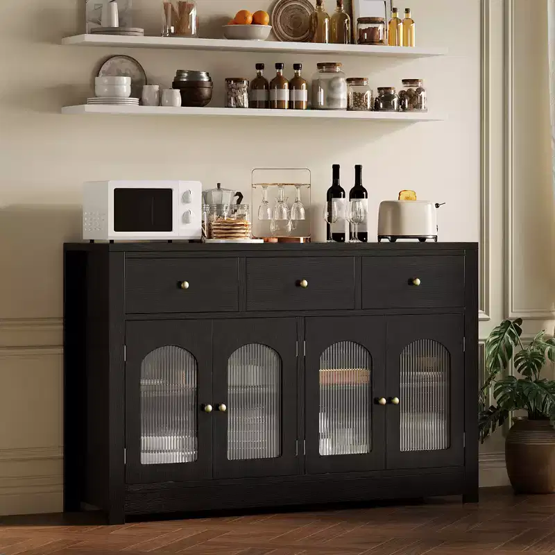 Large Buffet Sideboard Cabinet with 4 Doors & 3 Drawers, Kitchen Display Cabinet with Adjustable Shelf and Wine Rack