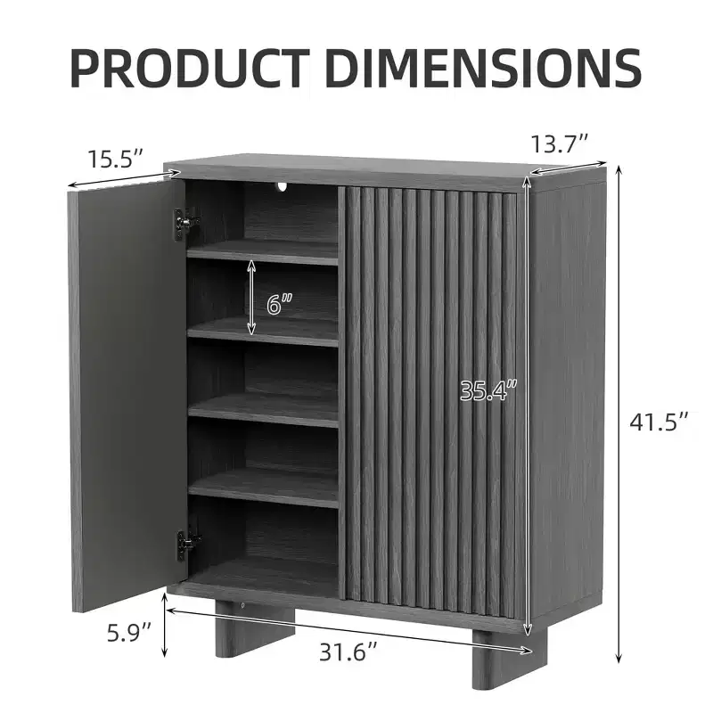 41.5 Fluted Door Shoe Cabinet - 5-Tier Rustic Entryway Storage Bench with Adjustable Shelves for Hallway