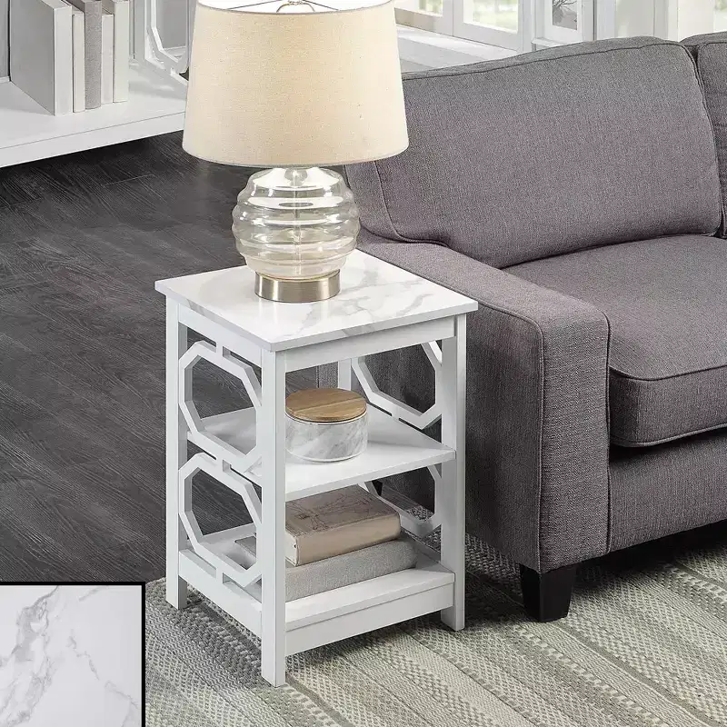 HomeStock Belmont End Table with Shelves and Octagon Cut Out Sides, Contemporary Three Tier Storage Accent Side Table for Living Room Dcor