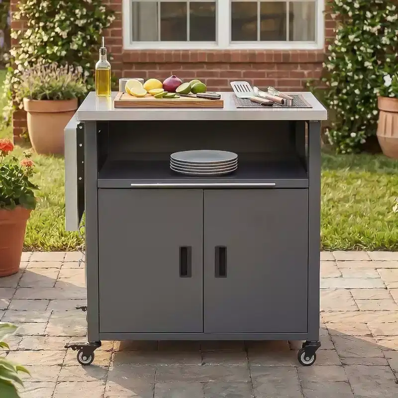 GDFStudio Louisa Foldable Outdoor BBQ Prep Station Cart with Stainless Steel Top