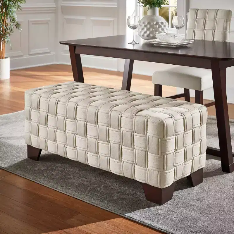 Walnut Finish Woven Upholstered Bench for Bedroom or Entryway