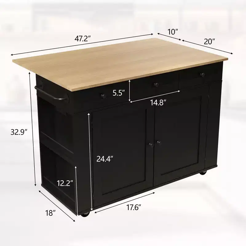 Mobile Buffet Cabinet, Rolling Kitchen Island with Drop Leaf Countertop, 3 Drawers, Pull-Out Shelves, Spice Rack, Towel Rack, for Kitchen