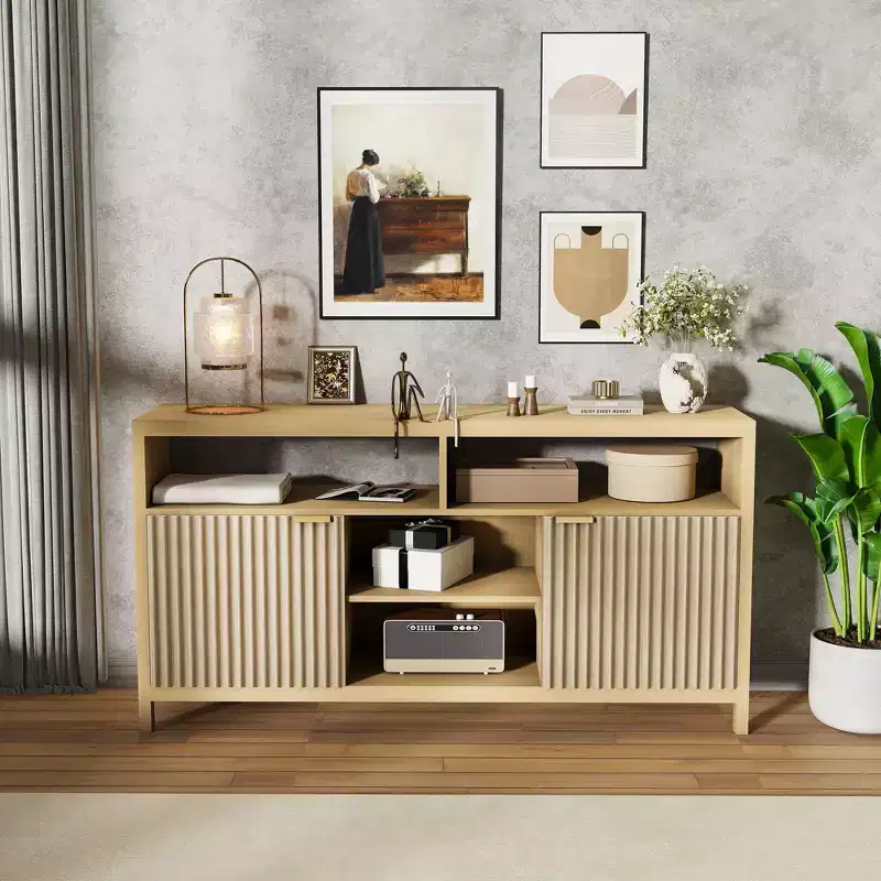 Fluted TV Stand for 65 TV, Mid Century Modern Media Console with Storage - Adjustable Shelves, Farmhouse TV Cabinet, for Living Room, Bedroom