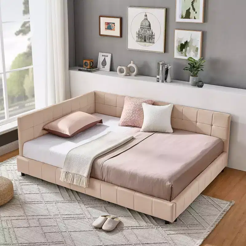 MAYEERTY Full Size Upholstered Tufted Bed Frame with Backrest and Armrest for Bedroom Pink