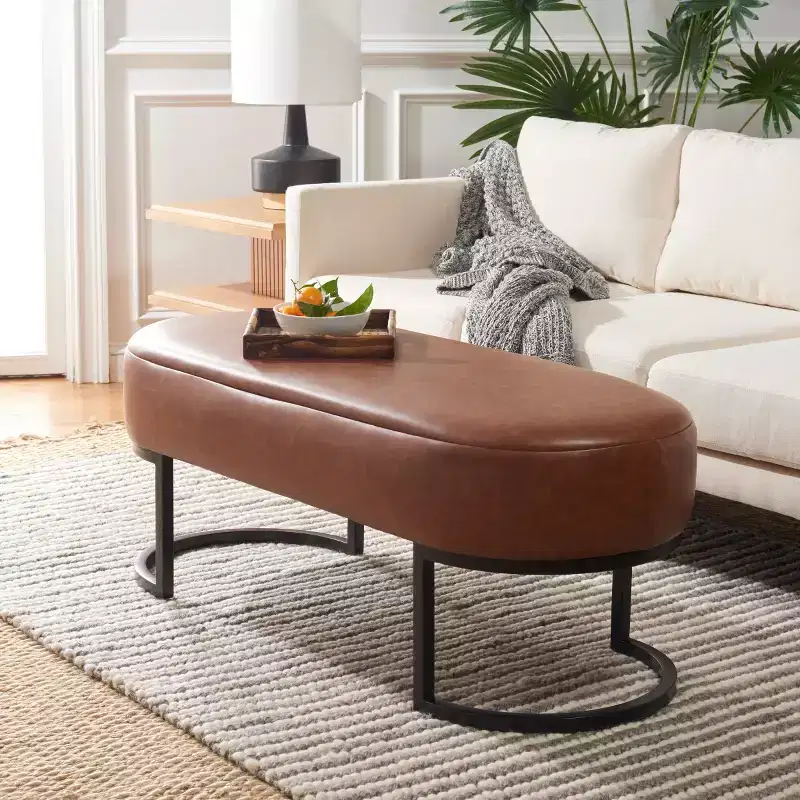 Oval Bench, Grey PU Leather Seat, Elegant Accent Seating - BCH6403