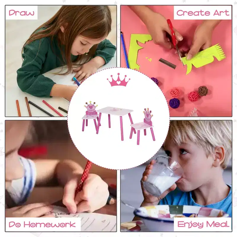 Qaba 3-Piece Kids Wooden Table and Chair Set with Crown Pattern Toddlers Arts Reading Writing Age 2-4 Years Pink
