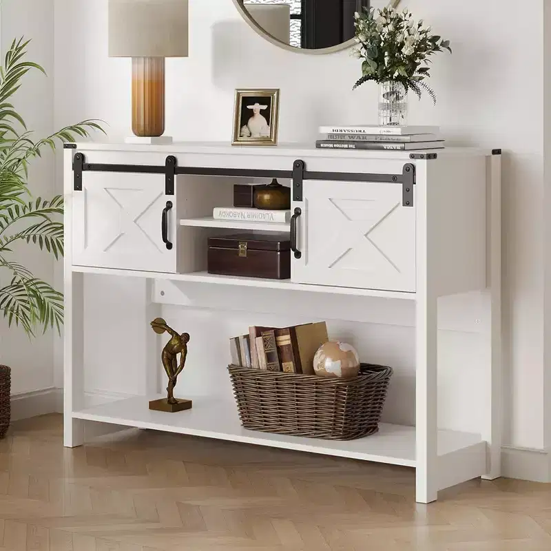 Farmhouse Entryway Console Table with Storage Shelves, Sliding Barn Door and Spacious Tabletop, White