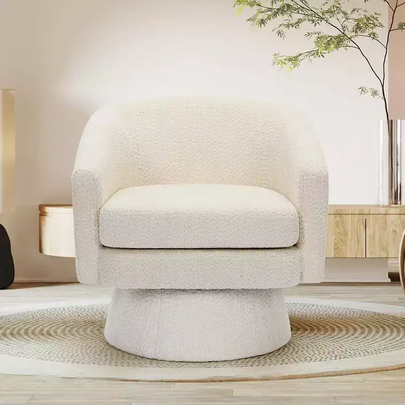 360 Swivel Lounge Chair Plush Chenille Upholstery, Wooden Base with Ottoman, Adjustable (Beige/Grey/Green/Pink) for Living Room & Bedroom