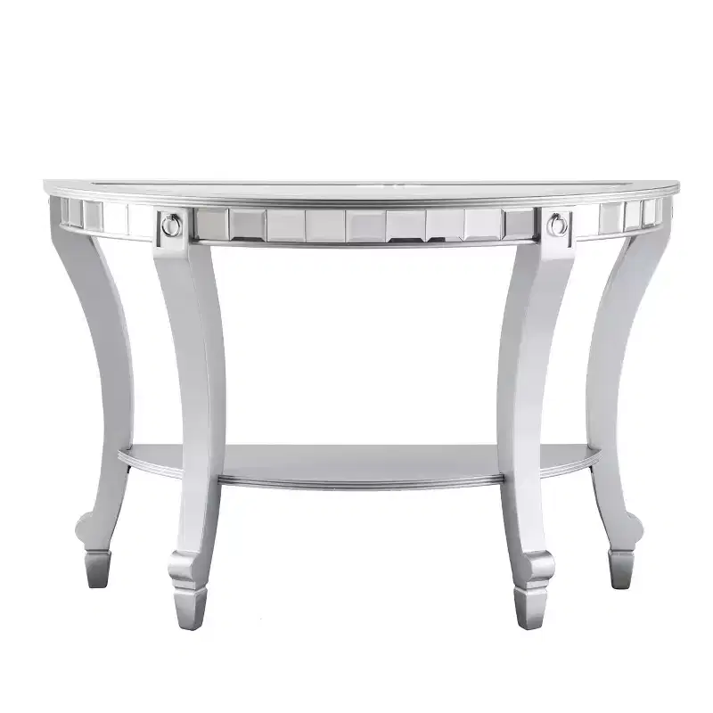 Mirrored Half Moon Console Table, Silver, MDF + Mirror, Fixed Shelf, Holds 40 lbs, 30