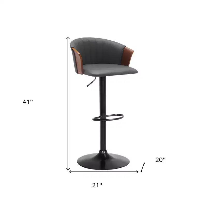 HomeRoots Gray and Black Faux Leather with Metal Swivel Adjustable Height Bar Chair