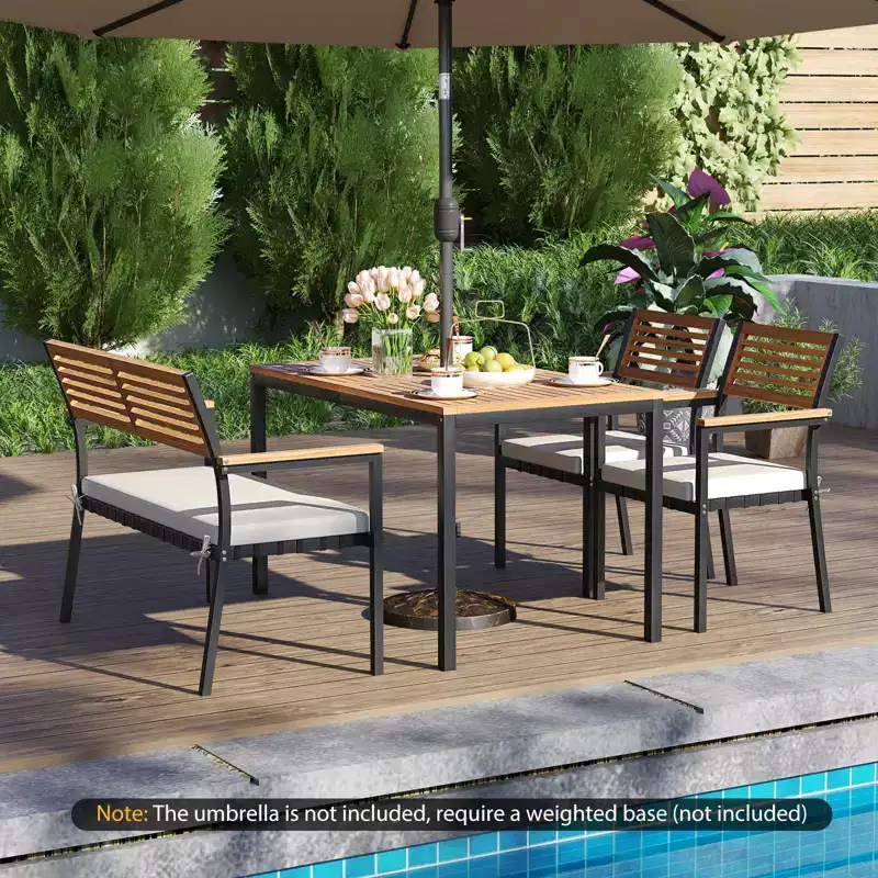 Costway 4 PCS Patio Furniture Set with Acacia Wood & Metal Frame Umbrella 1 table