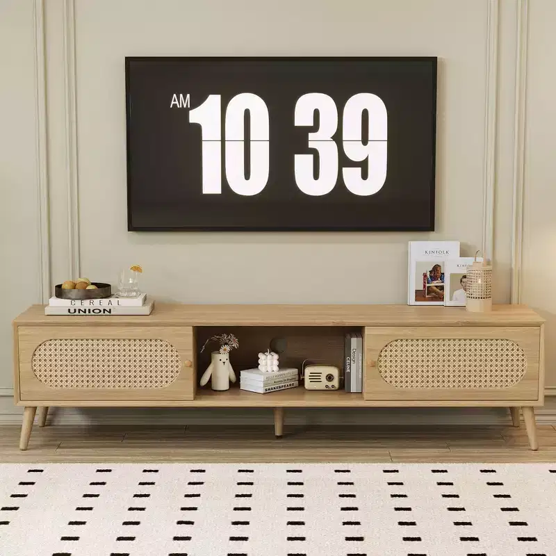 70.8 Inch Natural TV Stand for TVs up to 80 Inches Media Console with Solid Wood Legs for Living Room Home Theatre