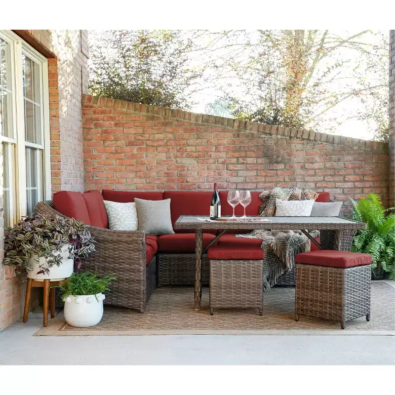 Leisure Made Walton 7pc Wicker Sectional in Red Fabric